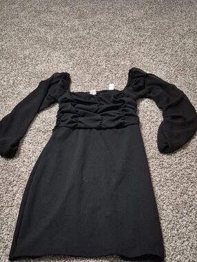 Black Long-Sleeve Ruched Bodice Mini Dress